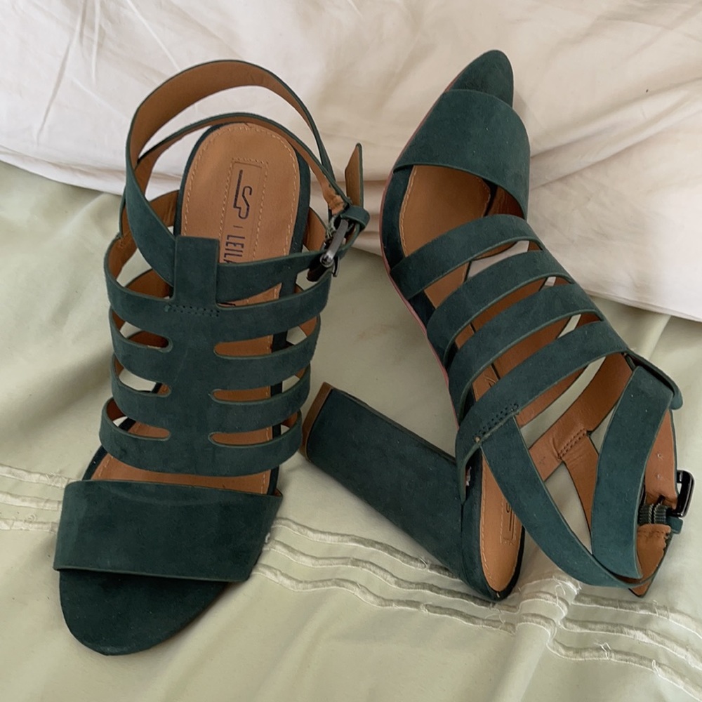 Leila Stone Forest Green OpenStrap Chunk Heels - Picture 2 of 9